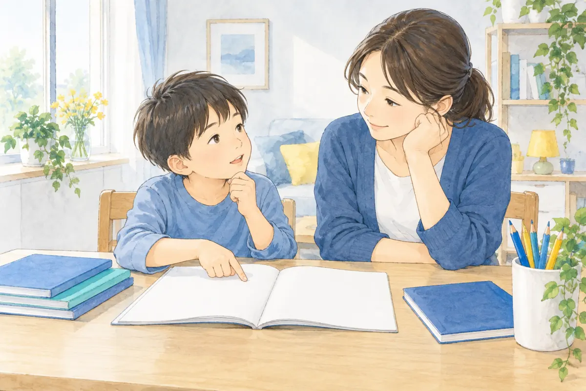 宿題のノートを前に、子どもの話を聞く保護者のイメージ