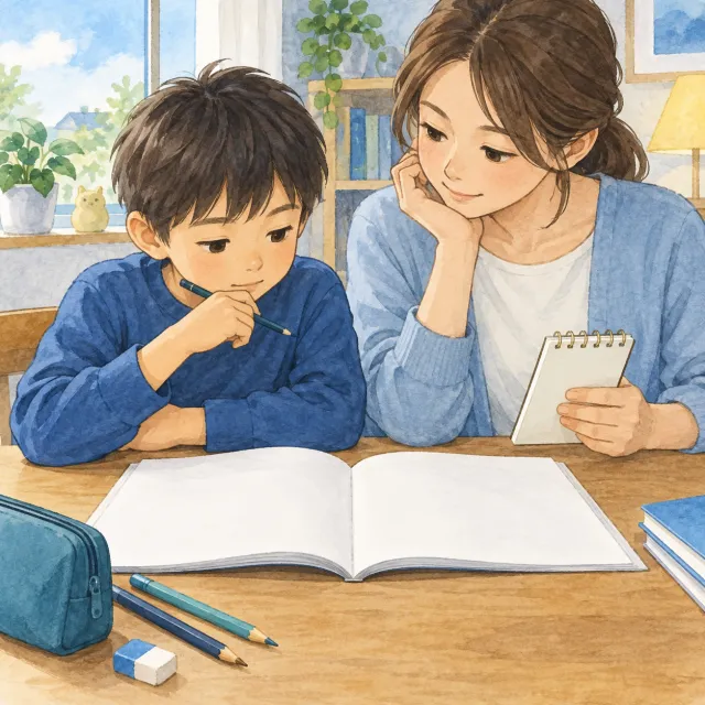 ノートの前で、子どもの考えを保護者が落ち着いて聞くイメージ