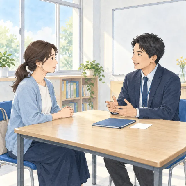 保護者が先生と、宿題で困った場面について相談するイメージ