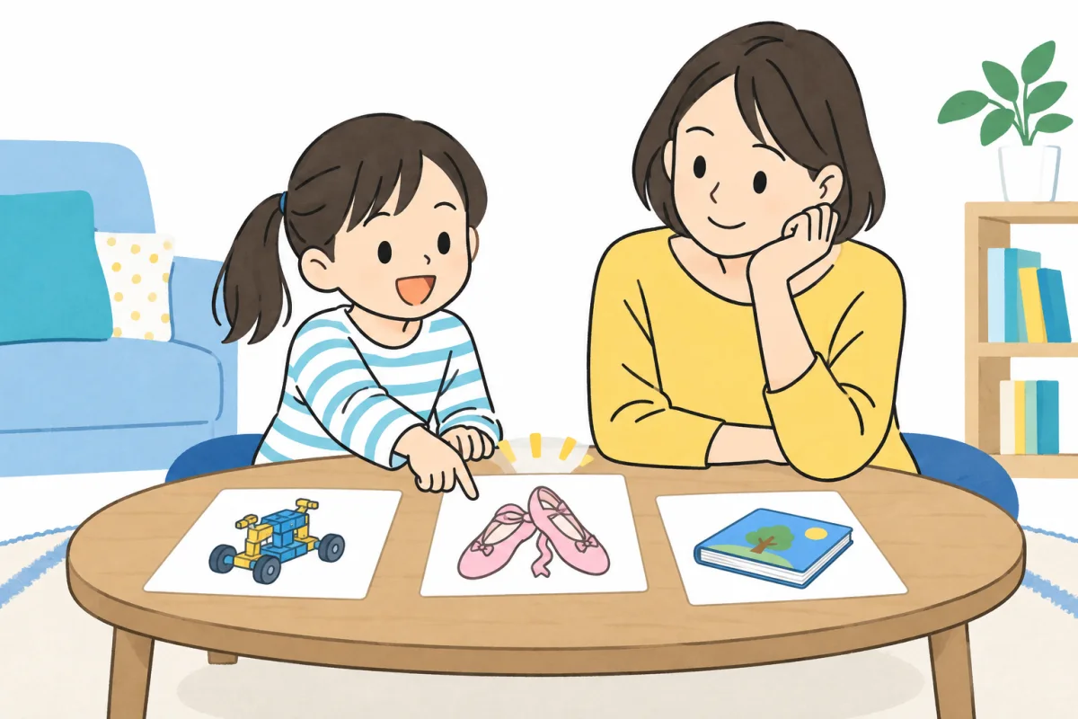 活動の絵を指さす子どもと、その気持ちを聞く保護者のイメージ