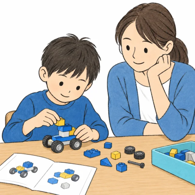ブロックの車を作る子どもの様子を、隣で見守る保護者のイメージ