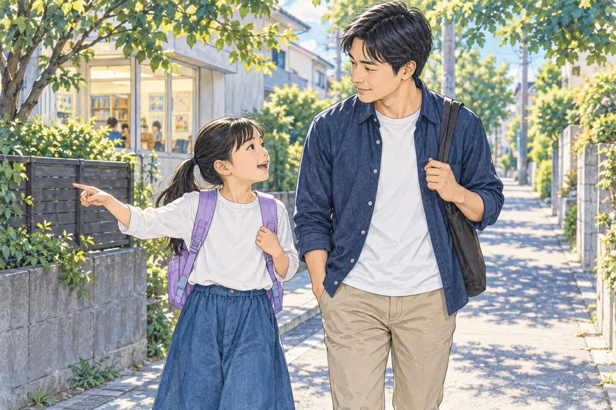 見学の帰り道、子どもの話に耳を傾けながら歩く親子のイメージ