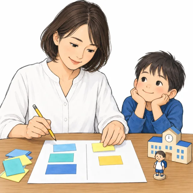 子どもの印象と大人の確認事項を、別々のメモに整理するイメージ