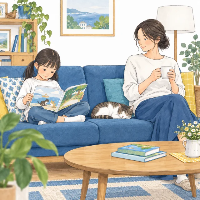 子どもが静かに本を読む間、保護者が無理に質問せずそばで過ごすイメージ