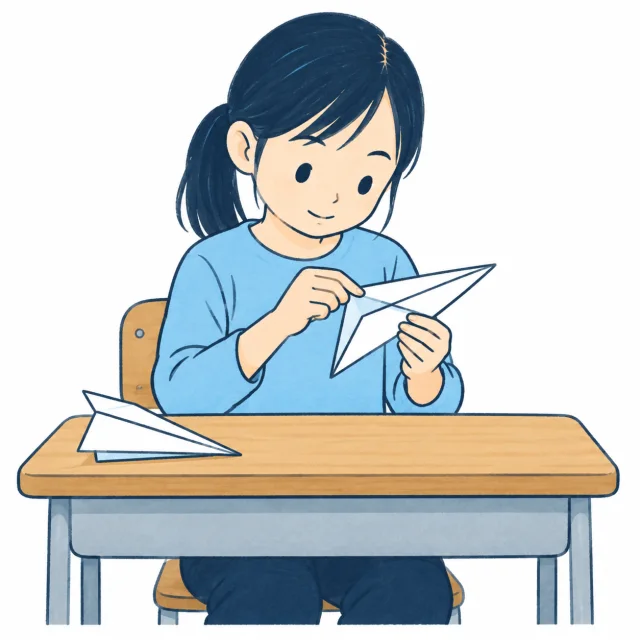 紙飛行機の折り方を一か所変えてみる子どものイメージ