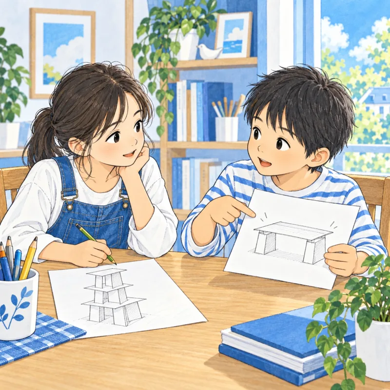 紙の橋の案を説明する子と、自分の塔の案を置いて相手の話を聞く子のイメージ