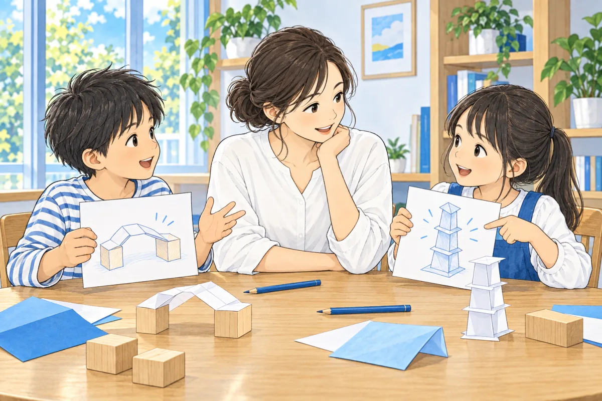 紙の橋と塔の異なる案をスタッフに見せ、理由を話す子どもたちのイメージ