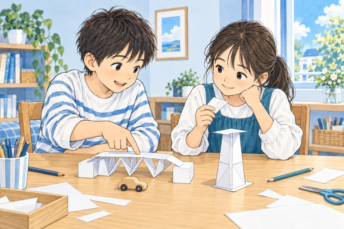 小さな紙の橋と塔を並べ、それぞれの案を試しながら確かめる二人の子どものイメージ