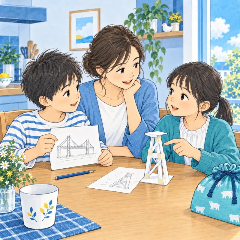 試した工作を前に、子どもたちの気づきを同じ目線で聞くスタッフのイメージ