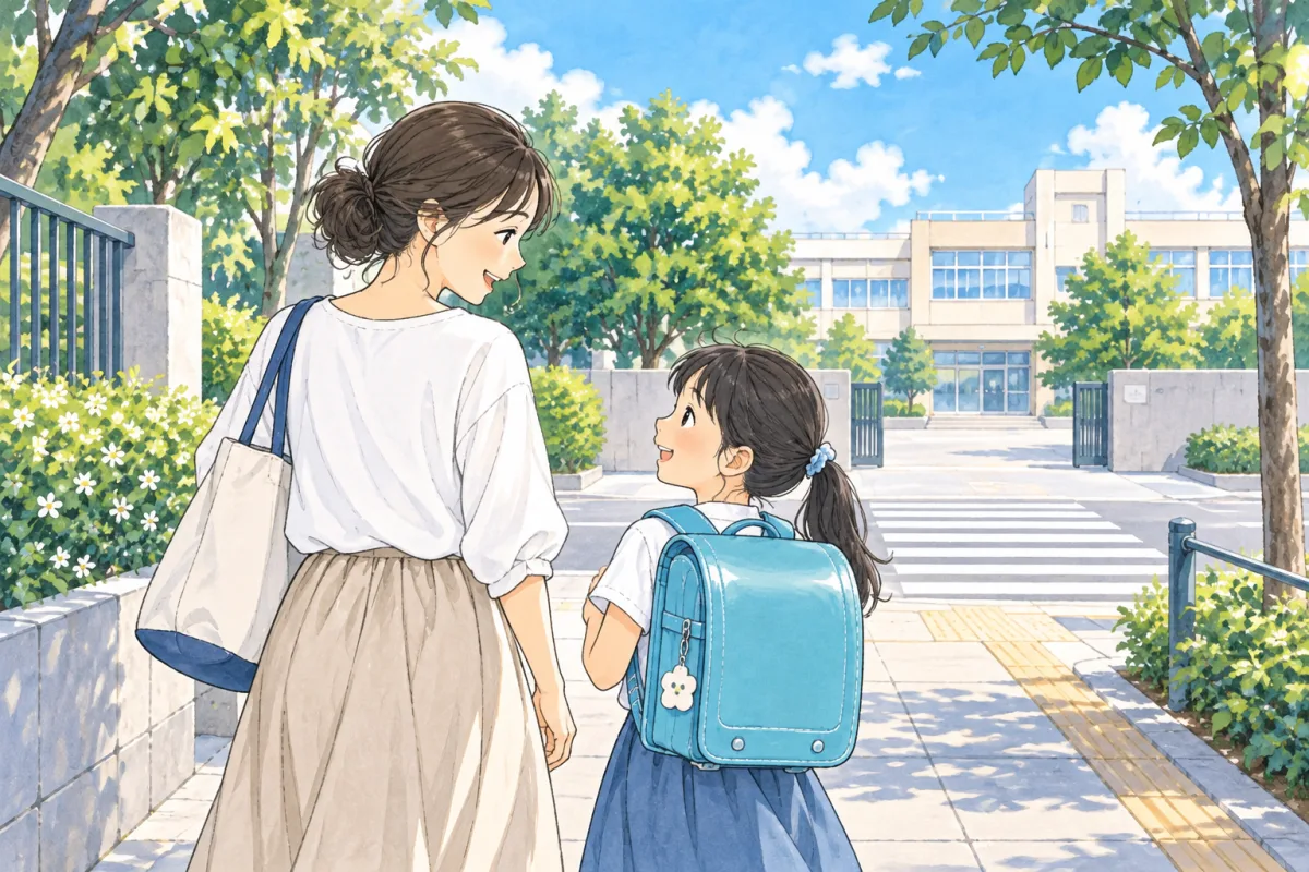 新しい学校の周辺を、保護者と子どもが一緒に歩いて確かめるイメージ