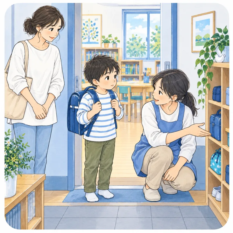 初めての部屋で、スタッフが子どもに荷物を置く場所を案内するイメージ