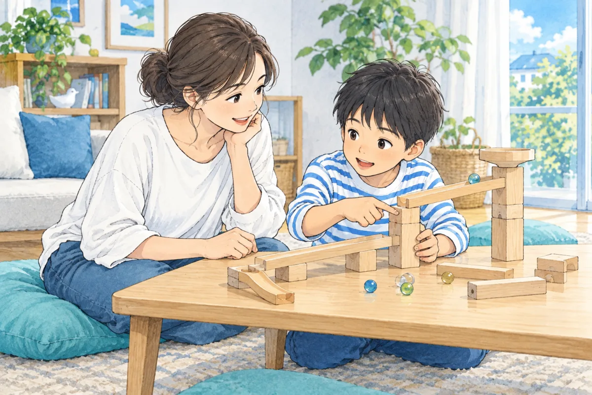工作の支えを替えたところを話す子どもと、そばで聞く母親のイメージ
