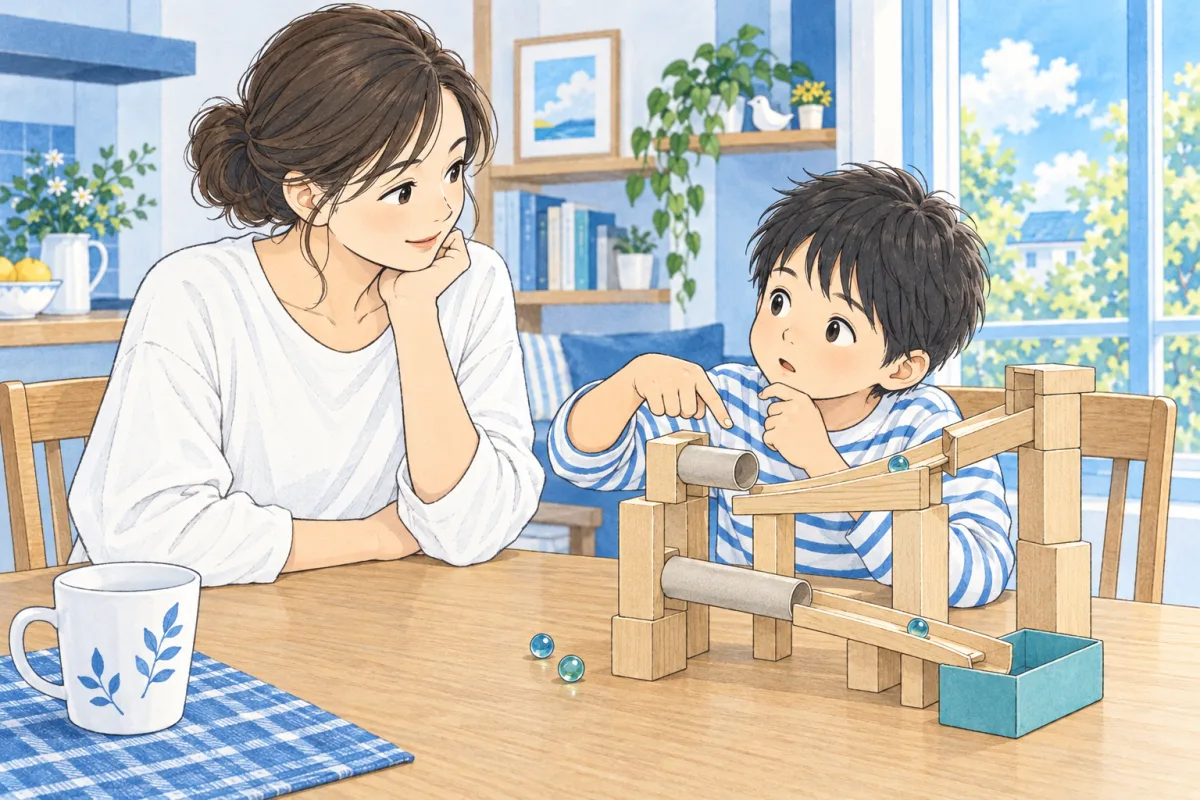 自分が工夫したところを話す子どもと、作品を一緒に見ながら聞く母親のイメージ