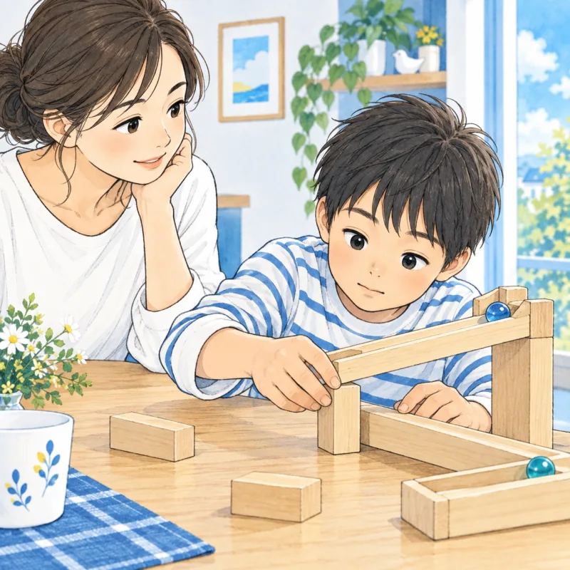 玉の通り道を支える積み木を、一つ替えてみる子どものイメージ