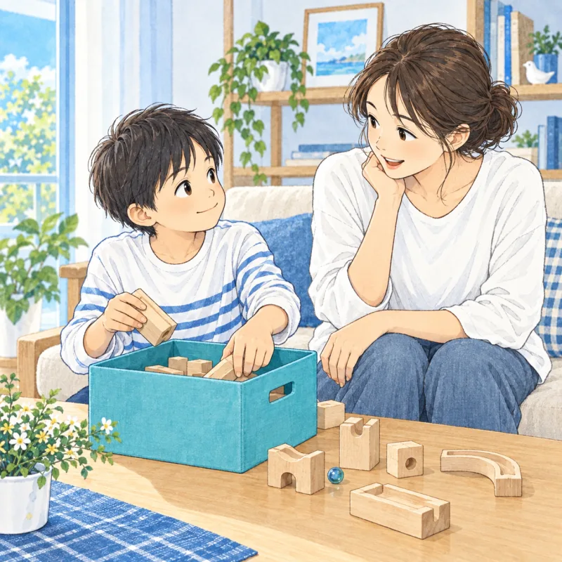 遊んだ材料を箱へ戻しながら、母親と短く会話する子どものイメージ