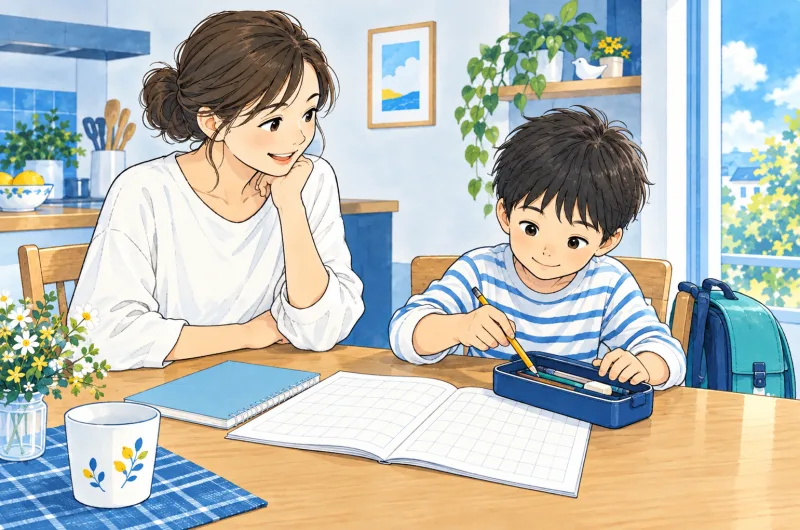 筆箱とノートを準備する子どもにスタッフが寄り添う創作場面