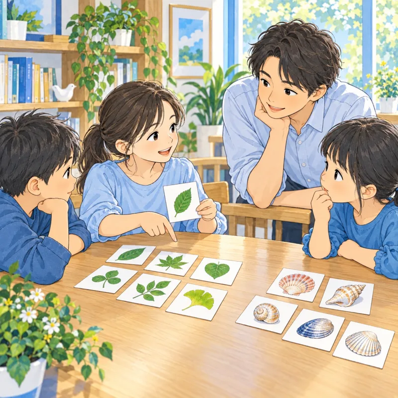 自然の絵カードをどう分けたか理由を話し友だちの考えを聞く創作場面
