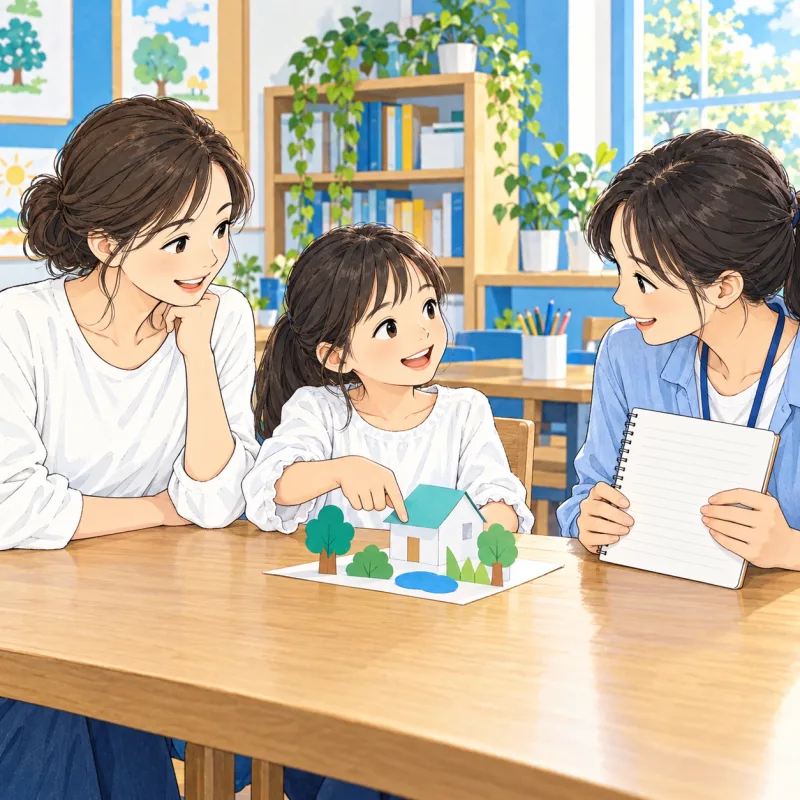 子どもの制作物を手がかりに保護者とスタッフが日々の様子を話す創作場面