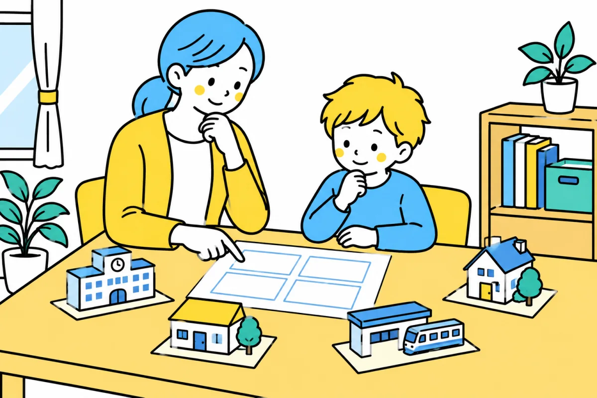学校・学童・駅・家庭の小さな模型と予定表を前に、通い方を考える親子のイメージ
