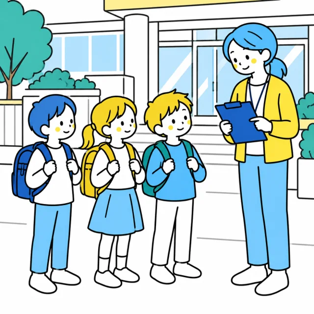 学校から移動する前に、子どもと集合の確認をするスタッフのイメージ