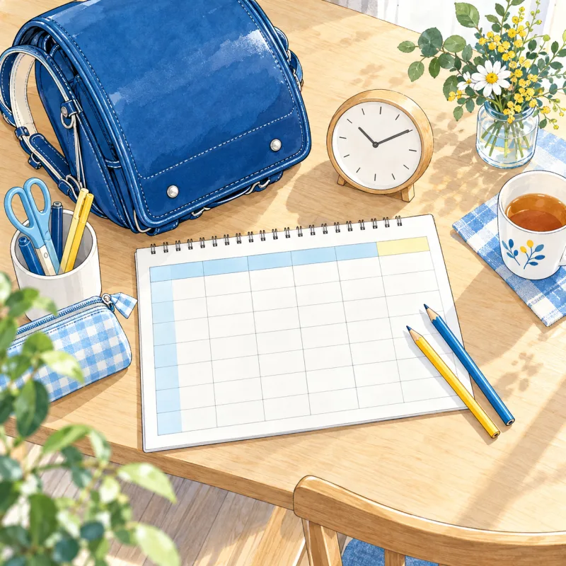 ランドセル、時計、予定表を並べて必要な曜日と時間を整理するイラスト
