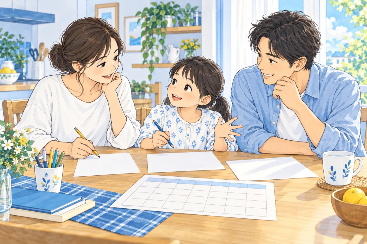 親子が予定表を囲み、必要な時間と過ごし方を話し合う創作イラスト