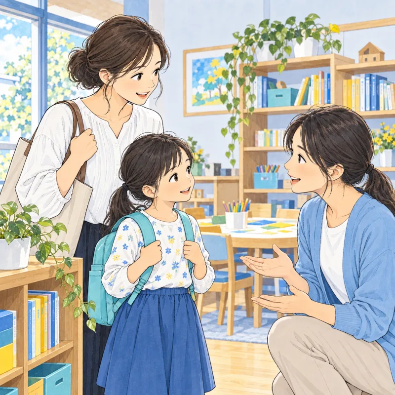 親子が放課後の居場所を見学し、スタッフと話す説明用の創作場面