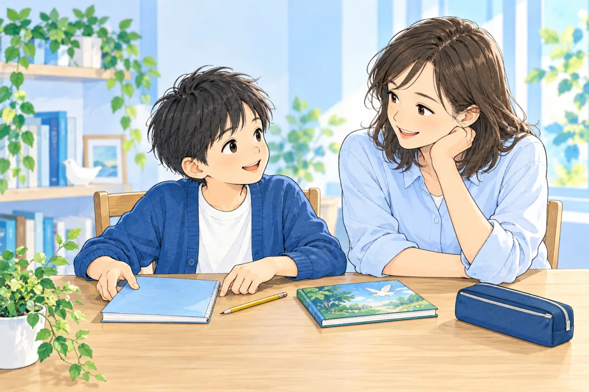 子どもが机の上の教材を確かめ、大人が隣で話を聞く説明用の創作イラスト