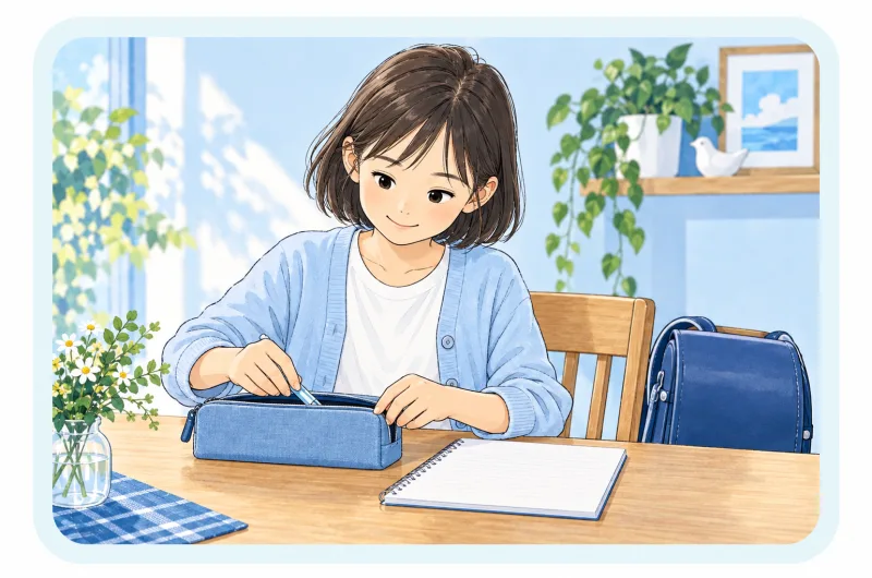 子どもが筆箱とノートを机に用意する説明用の創作イラスト
