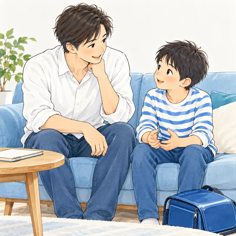 帰宅後に父親が子どもの話を聞く説明用の創作イラスト
