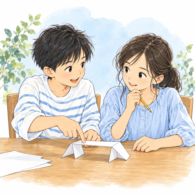 二人の小学生が紙の工作を見ながら考えを話す説明用の創作場面