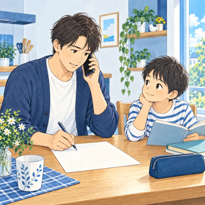 学校の予定変更について保護者が電話で確認する説明用の創作イラスト
