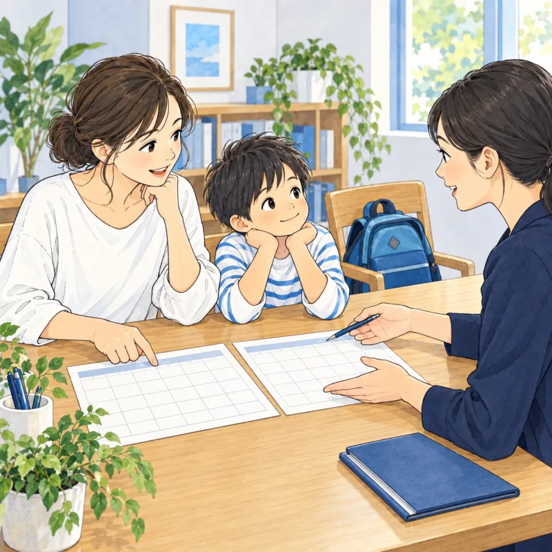 保護者とスタッフが二つの予定を並べて引継ぎを相談する創作場面