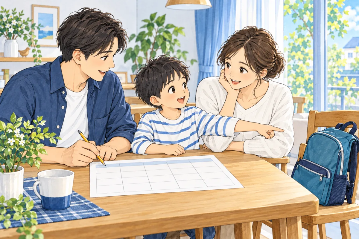 親子が一週間の学校と家庭の予定を話す説明用の創作場面