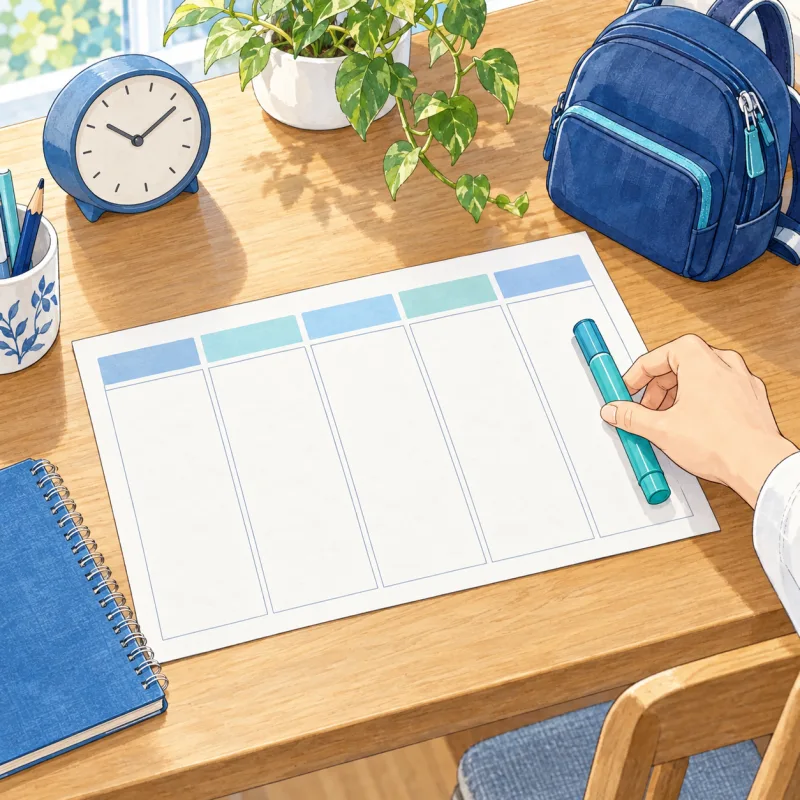 曜日ごとの予定を考える白紙の週間メモと時計、ランドセルの創作イラスト