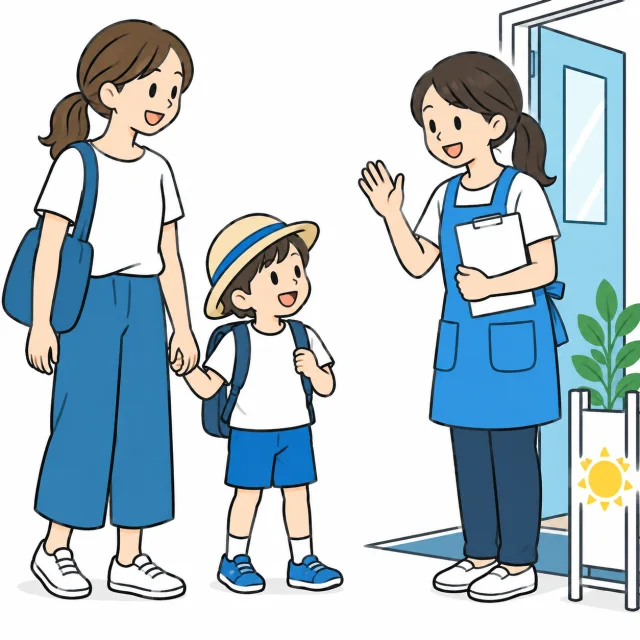 夏休みの朝、保護者と子どもが学童の入口でスタッフに挨拶するイメージ