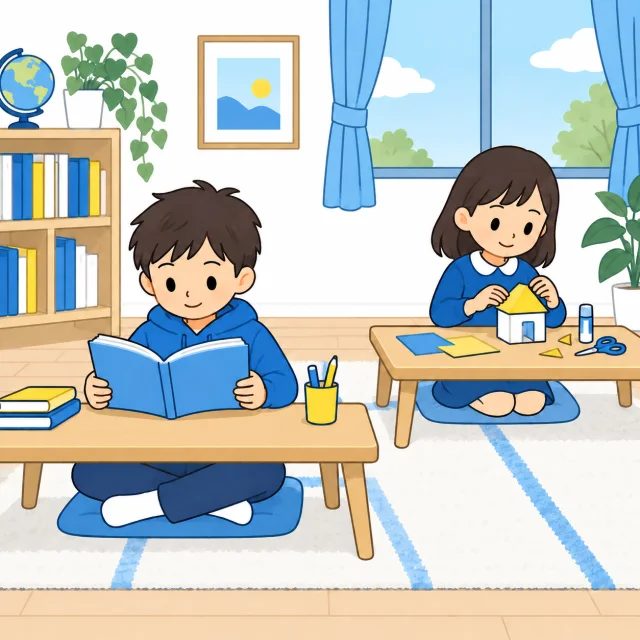 本を読む子と工作に取り組む子が、それぞれの時間を過ごすイメージ