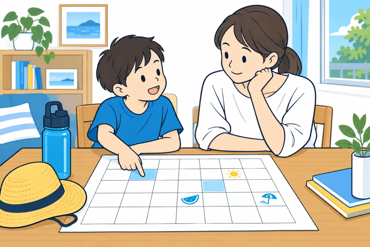 親子で夏休みの予定と通う日の準備を確認するイメージ