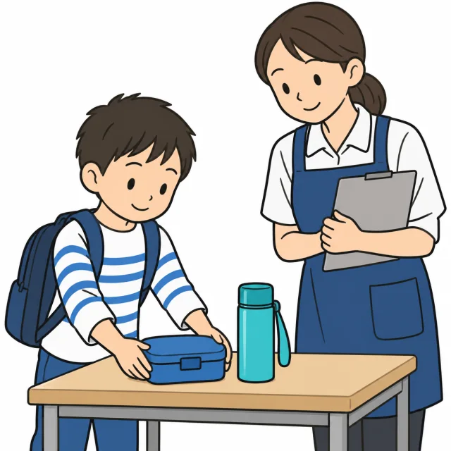 子どもが食事の準備をし、スタッフがそばで確認するイメージ