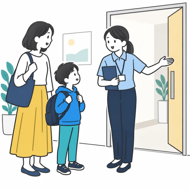 建物の入口で親子がスタッフと到着の流れを確認する説明用イメージ