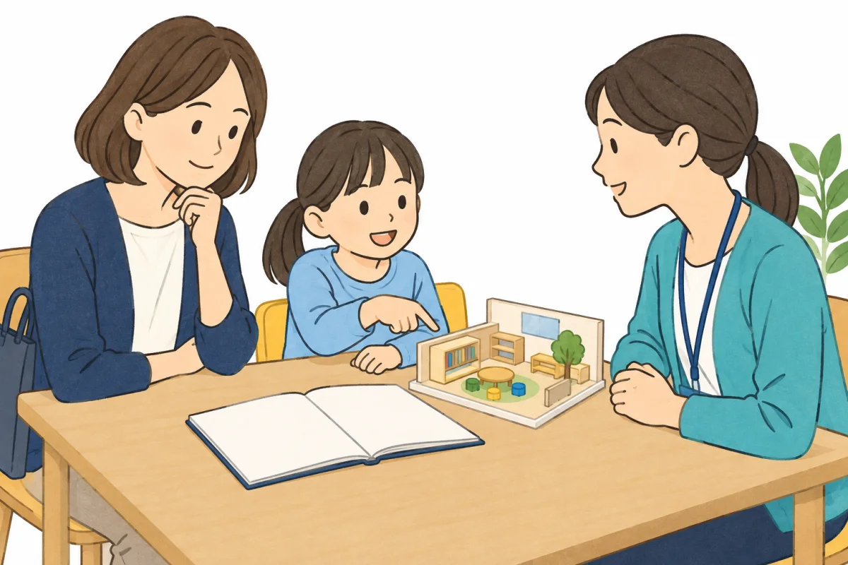 親子とスタッフが見学時の質問をノートで確認する説明用イメージ