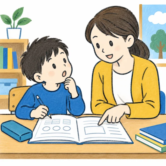 分からないところを尋ねる子どもに、スタッフが目線を合わせて応じる説明用イメージ
