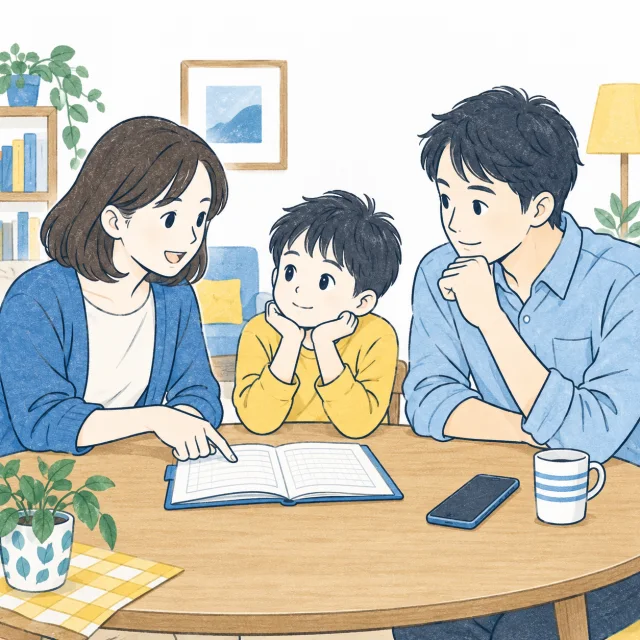 親子で連絡ノートを見ながら放課後の予定を話すイメージ