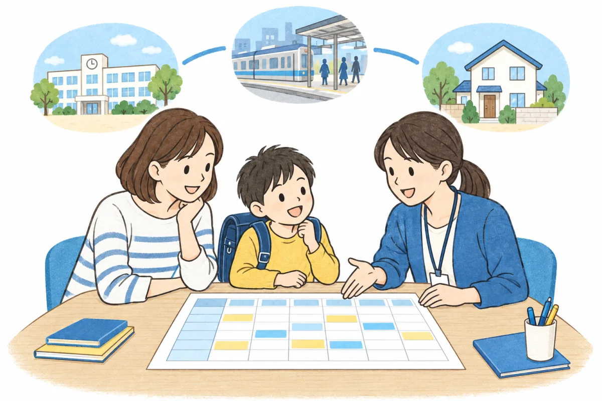 学校・駅・家庭の予定を見渡しながら親子とスタッフが相談するイメージ