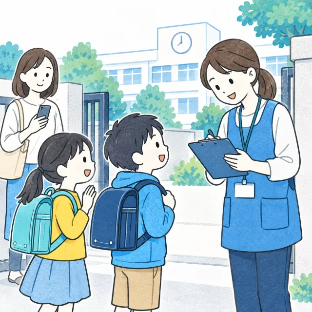 学校の門で子どもたちを迎え、名簿を確認するスタッフのイメージ