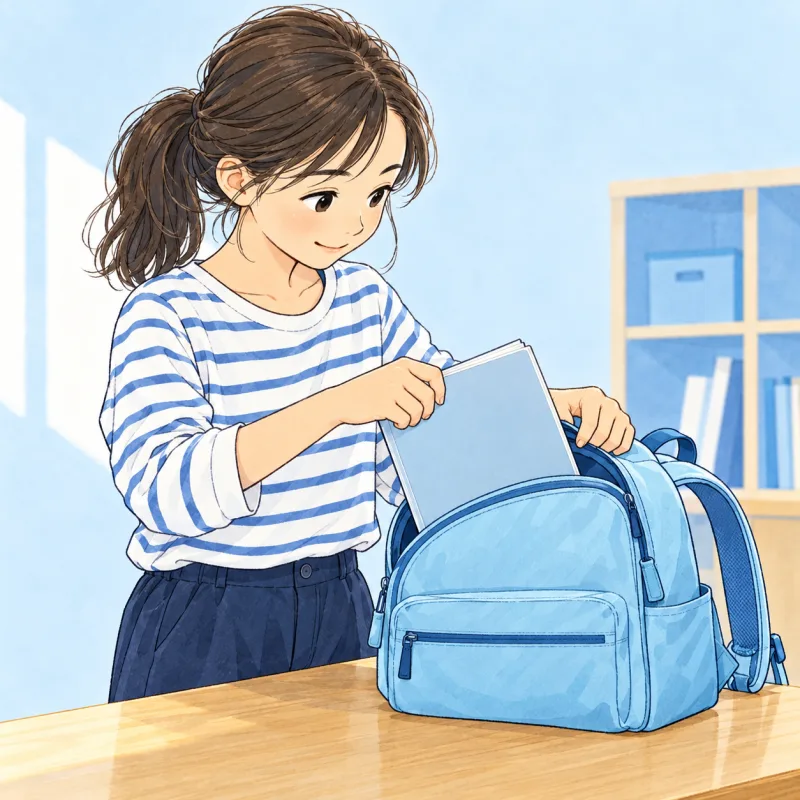 子どもが持ち物からノートを取り出す説明用の創作場面
