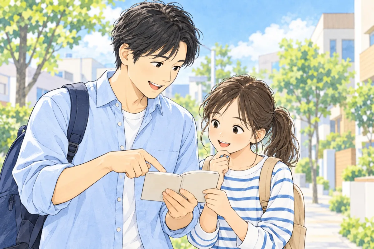 親子が校舎見学で確かめたいことを話す説明用の創作イラスト
