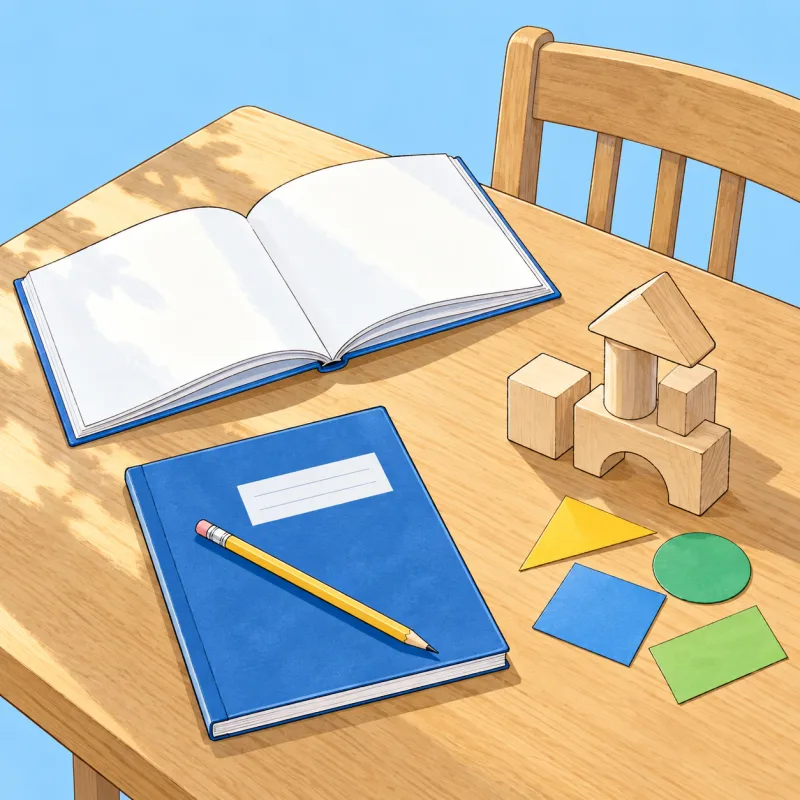 学習ノート、本、制作道具を並べた時間の組み合わせを考える創作イラスト