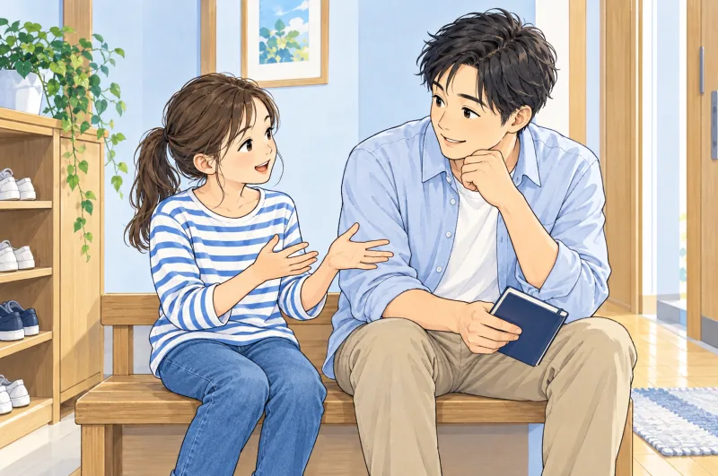 父親と子どもが見学で聞きたいことを話す創作場面