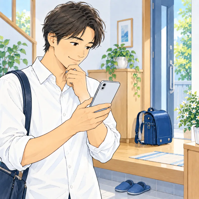 子どもの荷物がある室内と、スマートフォンを確認する保護者の創作場面